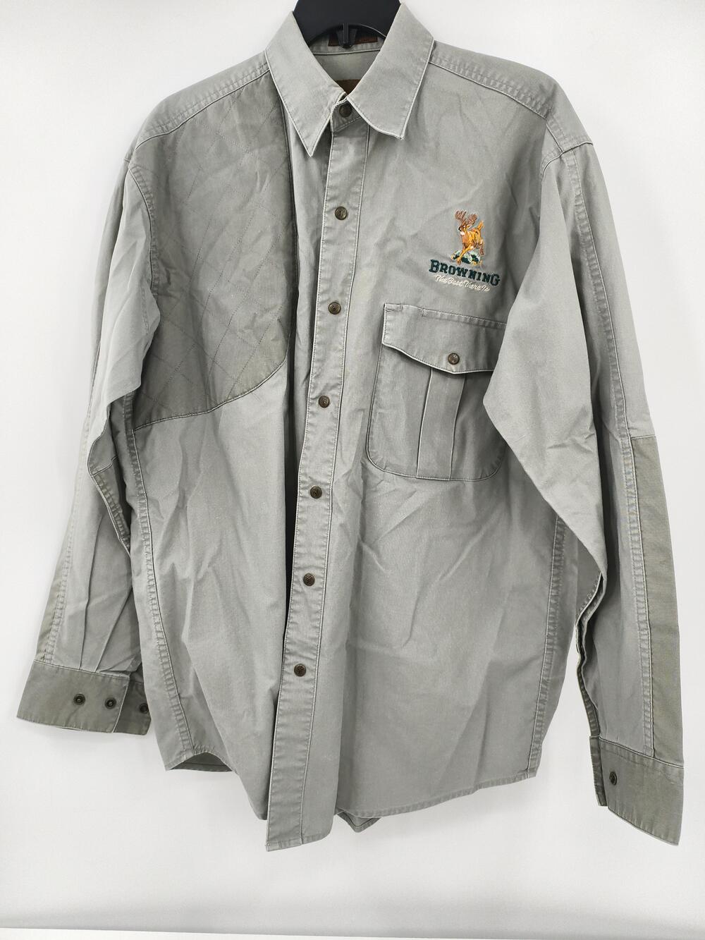 Browning Shirt Mens M Gray Button-Up Long Sleeve Embroidered Pocket Cotton